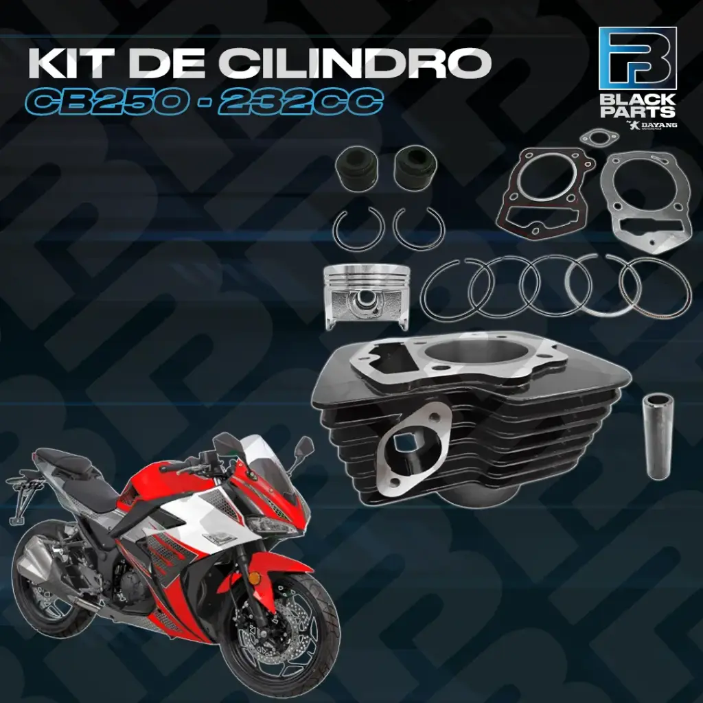 CILINDRO KIT - CB250 - 232CC - ( D:69mm - H:108.10mm - P:17mm - PISTON PLANO ) - COLOR NEGRO