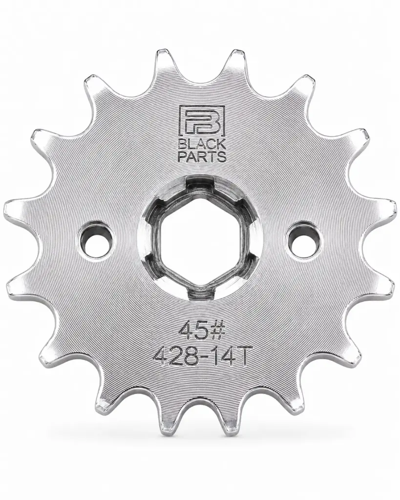PIÑON - CG125 - 428H - 14T - 2 HUECOS - 6,20mm - MOTRIZ ACERO 1045 - R. ZINC 